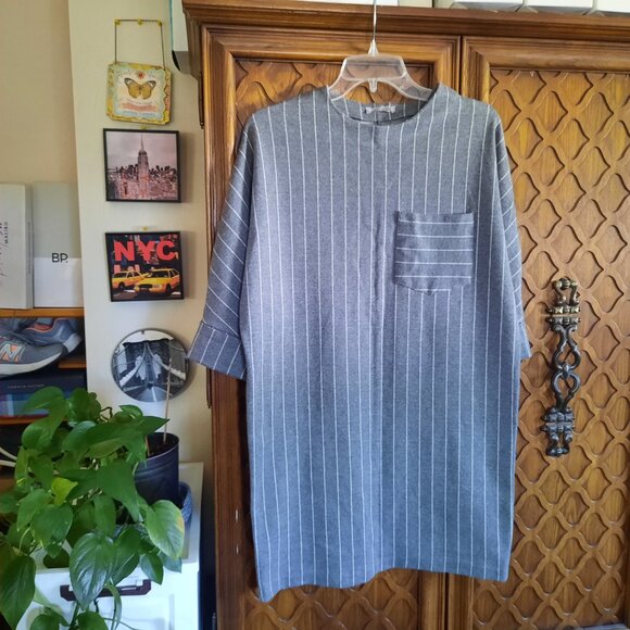 ZARA Gray Pinstripe Dolman Sleeve Pocket Cocoon Tunic Shift Dress - Size S - Picture 3 of 16